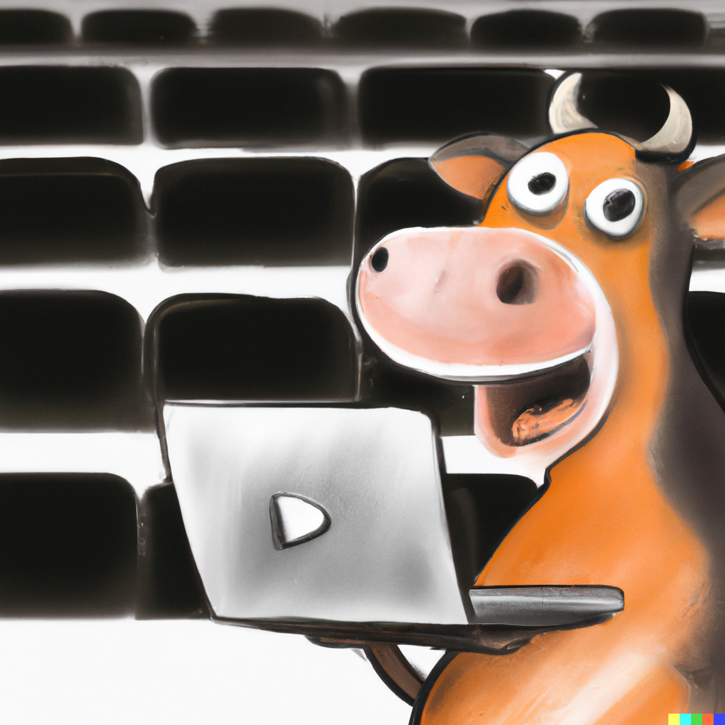 A smiley orange cow with a laptop in a lecture theatre in digital art